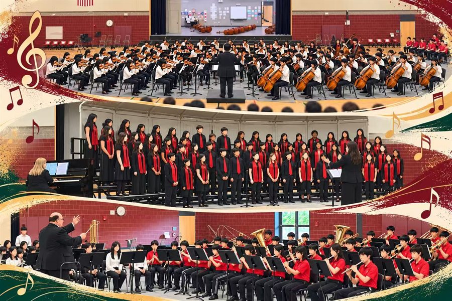 Tyee students performing: the orchestra on stage, the choir in red scarves and ties, and the band with their conductor