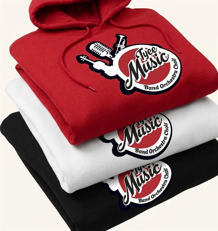 Red, white, and black Tyee Music hoodies folded in a stack, each with the Tyee Music logo